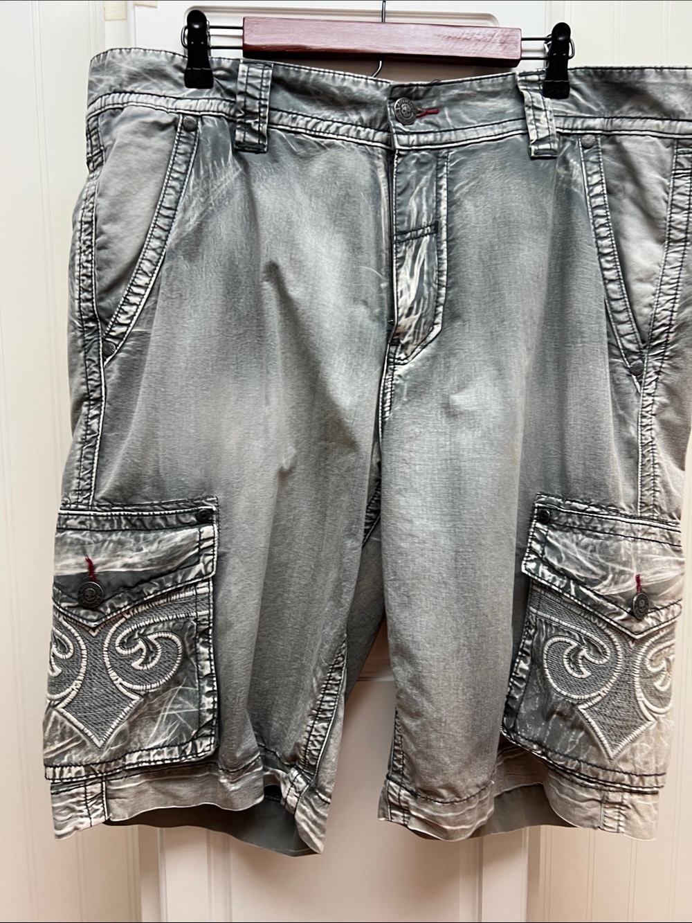 Affliction Gray Washed Cargo Shorts with Embroidered Pockets